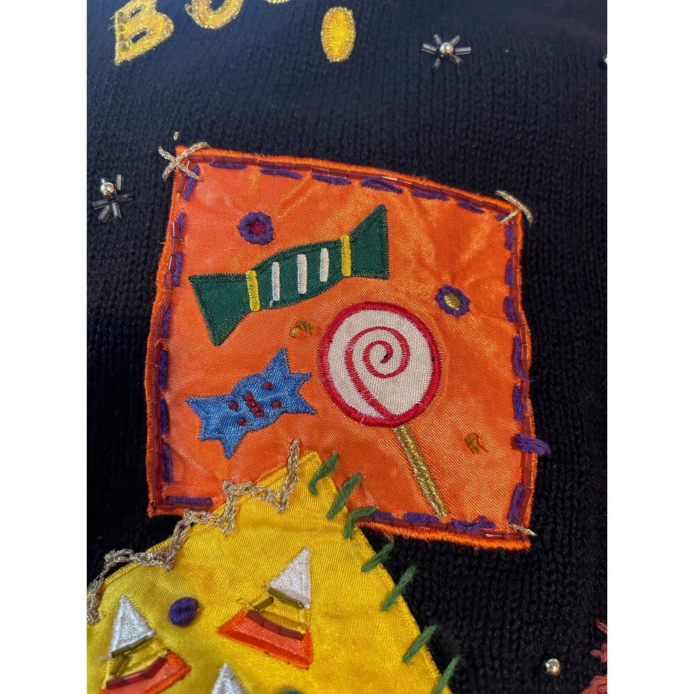 VTG Basic Editions Halloween Sweater Vest XL Blk Pumpkin Ghost Witch Cat Cottage - Picture 7 of 10